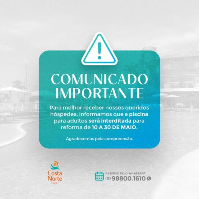 ‼️ RETIFICANDO

⚠️ COMUNICADO IMPORTANTE ⚠️

Para oferecer sempre o melhor aos nossos hóspedes, a piscina para adultos estará interditada para reforma de 10 a 30 de Maio.

Agradecemos sua compreensão e garantimos que estamos preparando tudo para tornar sua experiência ainda mais incrível! 🧡

📍A piscina infantil continuará funcionando normalmente.

Para mais informações e reservas, fale conosco pelo WhatsApp: 📲 (12) 98800-1610

🌐 Visite nosso site na Bio
@hotelcostanorte

#HotelCostaNorte #AvisoImportante #Reforma #ConfortoParaVocê #Piscina #Lazer #BemEstar
