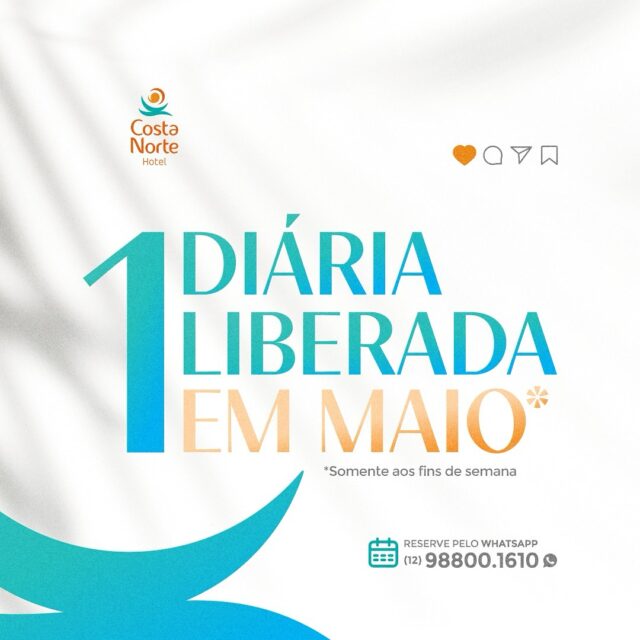 Aproveite o melhor de maio com a gente!

Temos uma surpresa especial para você: 1 DIÁRIA LIBERADA nos finais de semana deste mês! ✨
Maio chegou com presente — venha curtir o conforto, a natureza e o clima único do Hotel Costa Norte.🌴☀️

Válido somente nos fins de semana de Maio e sujeito à disponibilidade.
Garanta já sua reserva e viva momentos inesquecíveis! 🧡

🗓️ Reserve pelo WhatsApp:
📲 (12) 98800-1610

🌐Visite nosso site na Bio
@hotelcostanorte

#HotelCostaNorte #PromoçãoDeMaio #FindeNaPraia #1DiáriaLiberada